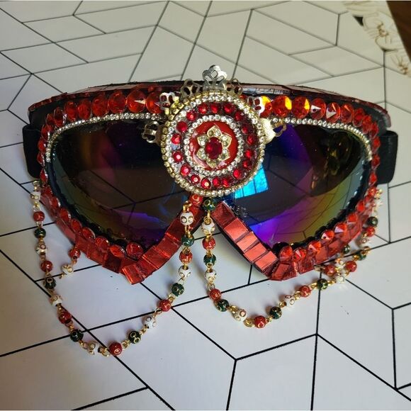 Hand Made Burning Man Goggles 🔥 Bohemian Red Mirrored Magic - Picture 1 of 2
